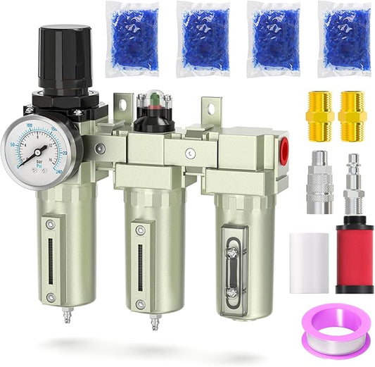 3 Stage Heavy Duty Industrial Grade 1/2" NPT Air Drying System with Coalescing Filter, Particulate Filter, Desiccant Dryer & Air Regulator, Manual Drain for Plasma Cutter and Paint Spray
