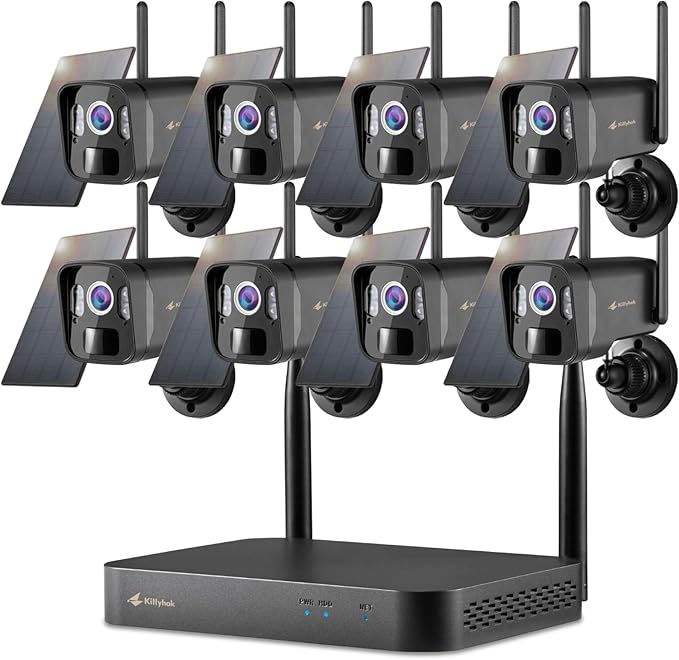 Kittyhok Solar Security Camera System, 4pcs Black 2K Wireless Solar Security Camera Outdoor, Human Detection, Spotlight, 10CH NVR, Local Storage, No Monthly Fee