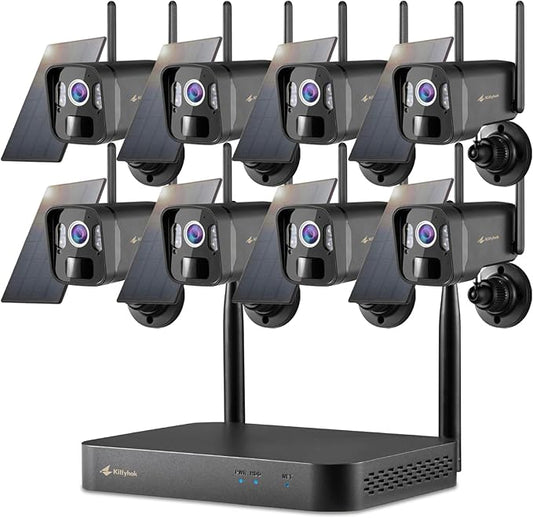 Kittyhok Solar Security Camera System, 4pcs Black 2K Wireless Solar Security Camera Outdoor, Human Detection, Spotlight, 10CH NVR, Local Storage, No Monthly Fee