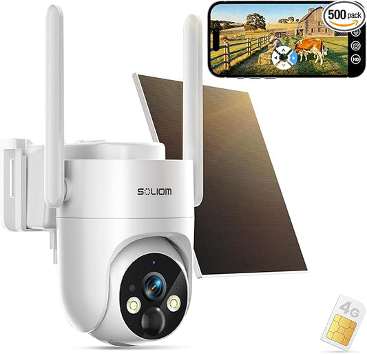 SOLIOM 4G LTE Cellular Security Camera, No WiFi Security Camera, Security Camera Wireless Outdoor for Remote Areas – Solar Powered, Live View, Color Night Vision, PIR Motion Sensor, 2-Way Talk, S90