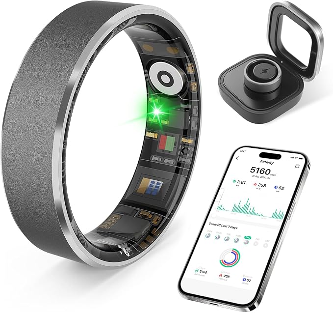Smart Health Ring, Featuring Stress and Sleep Monitoring Functions, Compatible with iOS and Android, Waterproof Fitness Tracker for Women & Men, No Subscription Fee. (Gunmetal Gray, 7)