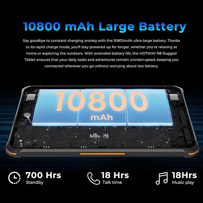 HOTWAV R8 Rugged Tablet 2024 Android 14, 10.1 inch HD+ Waterproof Tablet, 12GB+128GB/1TB TF 10800mAh, 13MP+5MP Camera Outdoor Tablets, Unisoc T606/Octa-Core/4G Dual SIM/5G WiFi/IP68&IP69K/Face ID/OTG