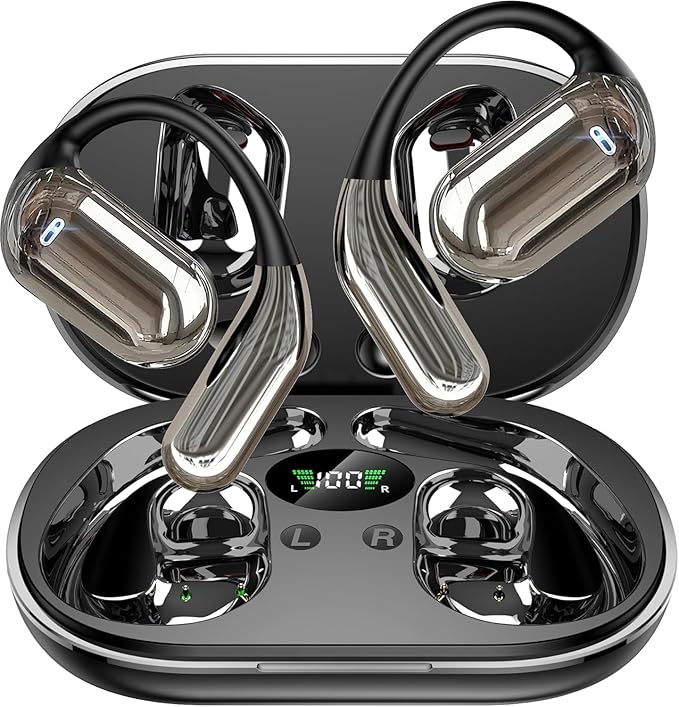 Open Ear Clip Wireless Earbuds Bone Conduction Headphones, Bluetooth 5.4, Open Ear Design for Running Fitness,office，Built-in Mic, IPX7 Waterproof, LED Display Charging Case,Ear Hooks Ear Buds