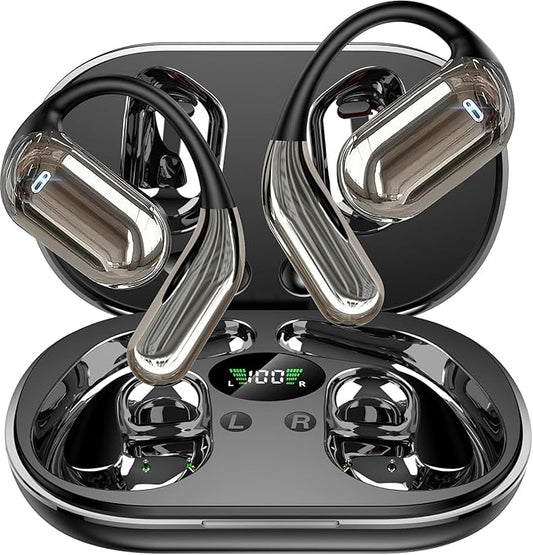 Open Ear Clip Wireless Earbuds Bone Conduction Headphones, Bluetooth 5.4, Open Ear Design for Running Fitness,office，Built-in Mic, IPX7 Waterproof, LED Display Charging Case,Ear Hooks Ear Buds