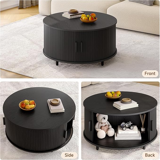 Round Coffee Table with Storage, 31.5" Modern Coffee Table with 360° Curved Sliding Door, Fluted Wood Accent Coffee Table with Adjustable Footpads, Round Center Table for Living Room, Black