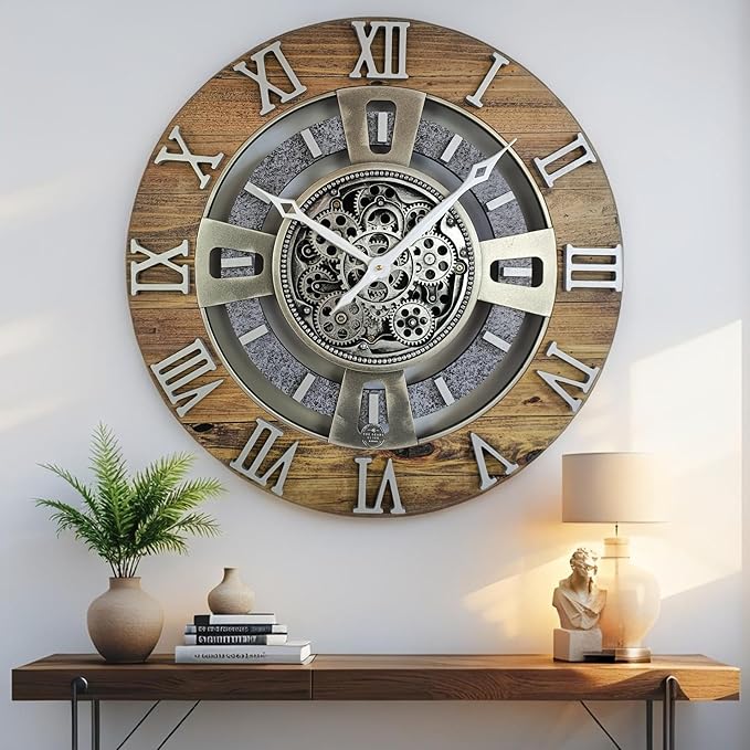 The Gears Clock Real Moving Gear Wall Clock England Line (Wood & Stone, 24 inches (60 cm))