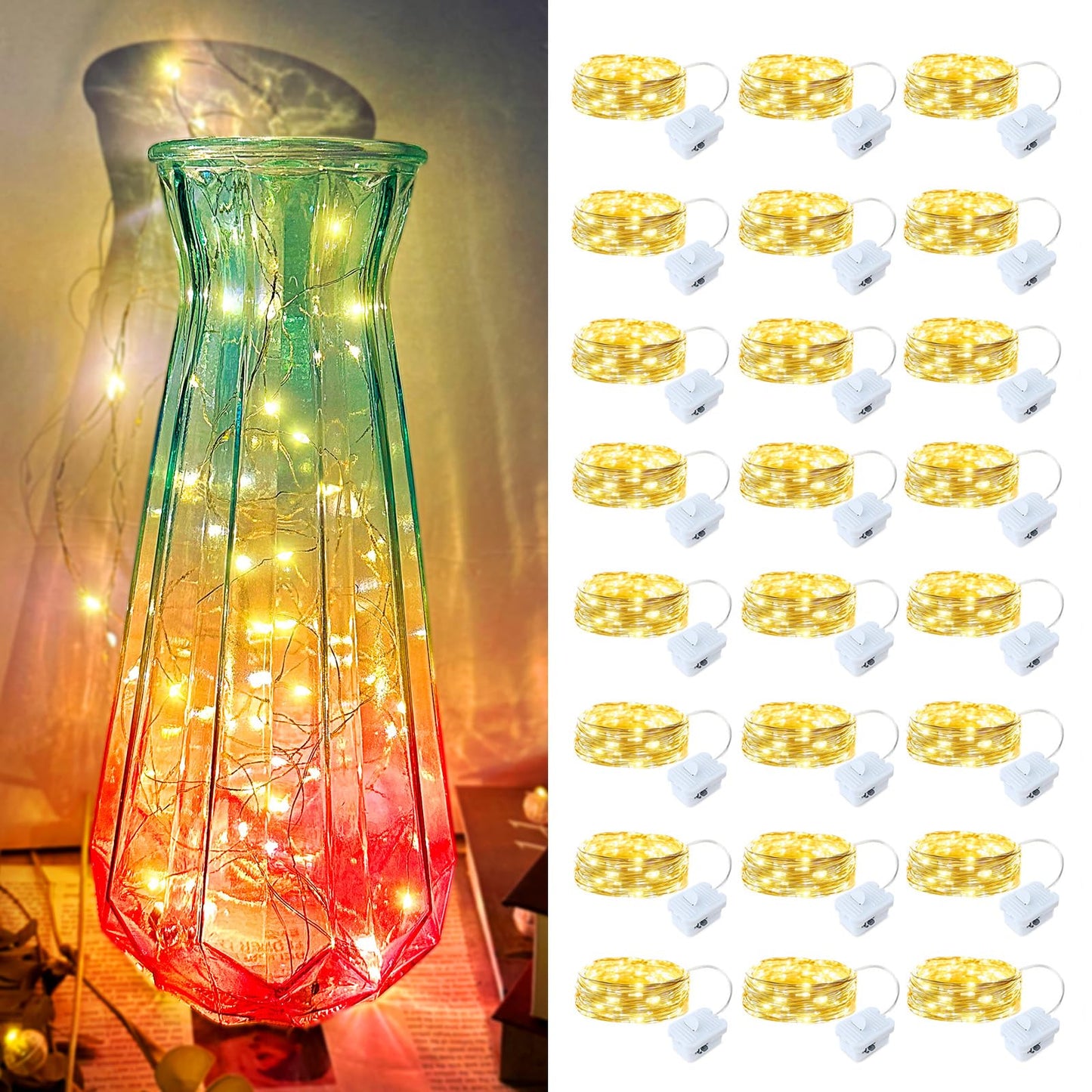 Yooumoga 24 Pack LED Fairy Lights Warm White Battery Operated 7FT Silver Wire String Lights for Mason Jar DIY Christmas Decor