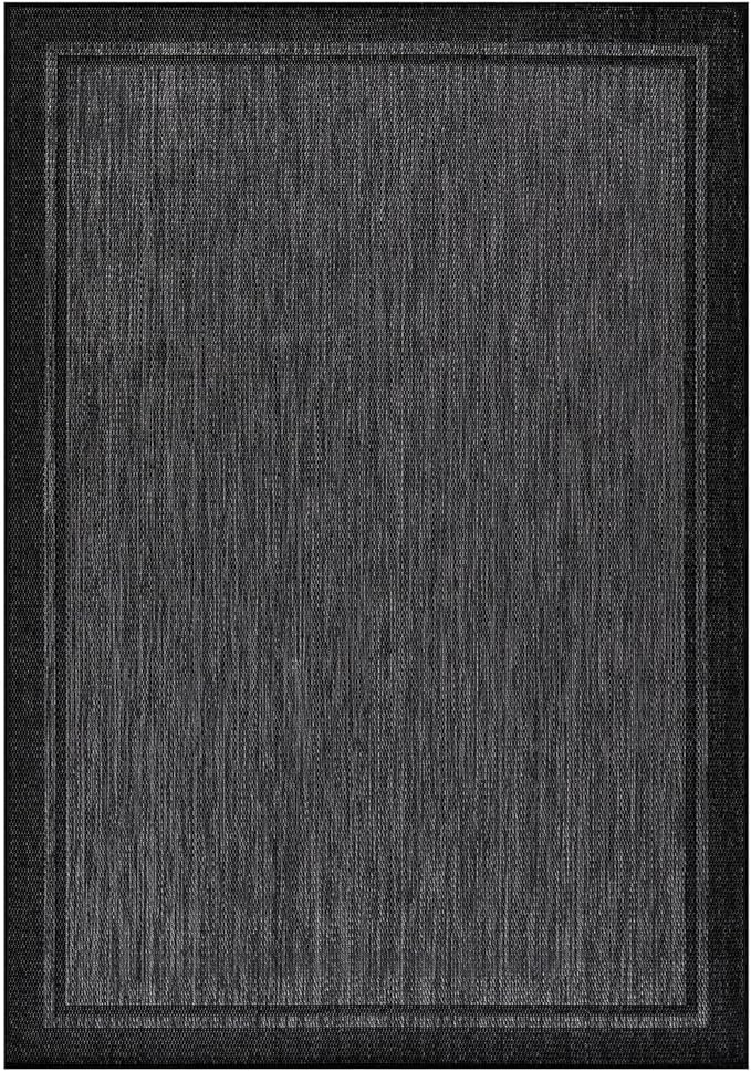 CAMILSON Indoor Outdoor Rug, 8x10 Bordered Dark Gray Black Modern Area Rugs for Indoor and Outdoor Patios, Kitchen and Hallway Mats, Washable Porch Deck Outside Carpet (Bordered Black, 8 x 10)