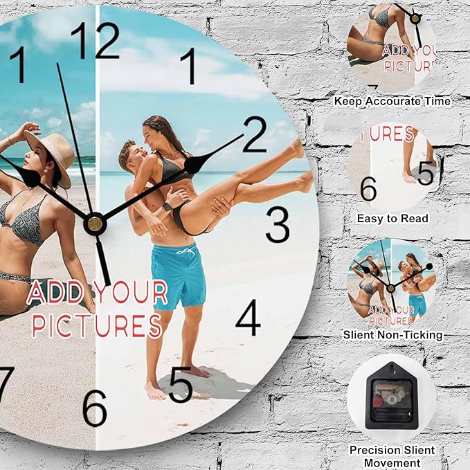 Personalized Clocks with Picture/Text, Custom 2 Photo Silent Wall Clock Non Ticking for Bedroom, Living Room, Kitchen, Office, Customized Anniversary Valentine's Day Gifts (10", 12", 14")