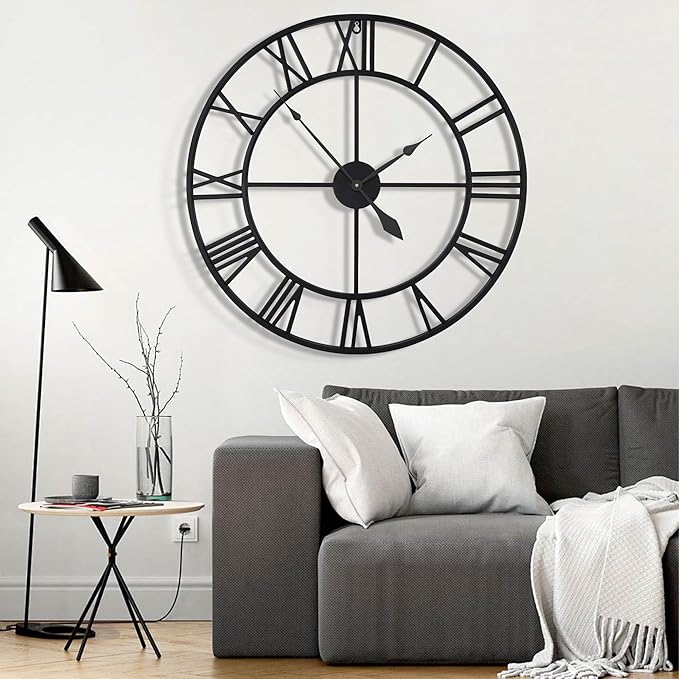 40 Inch Large Wall Clock, Oversized Modern Round, Black Metal, Noiseless, Almost Non-Ticking Battery Operated, Roman Numerals, Clocks for Living Room, Bedroom, Wall Clock Decoration