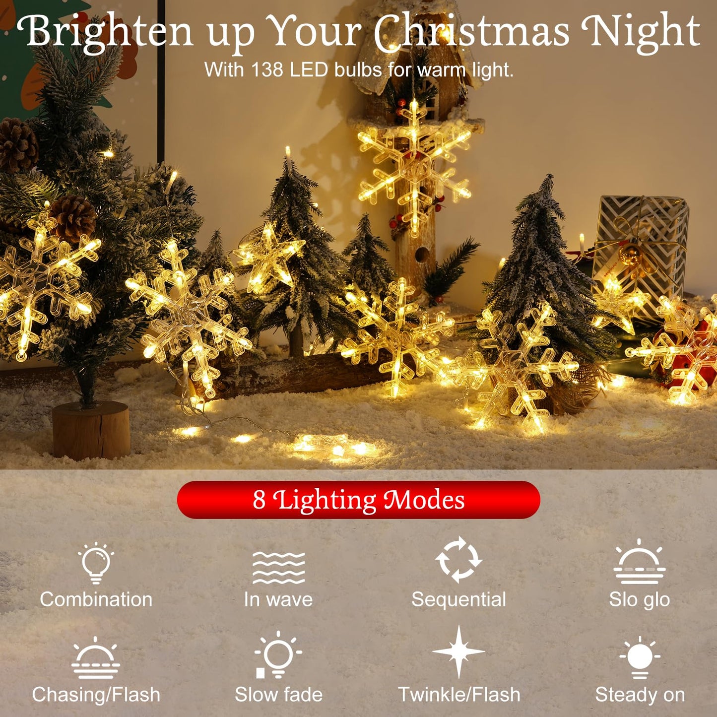 Lewondr 138 LED Christmas String Curtain Lights, USB & Remote Control, 8 Modes, Warm Light, Model HD250052