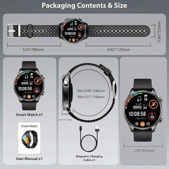 Smartwatch for Men & Women, 1.43" AMOLED Fitness Tracker GPS, Bluetooth Call, Heart Rate, Blood Oxygen (SpO2), Sleep Monitor, 100+ Sports Modes, iPhone & Android - Black