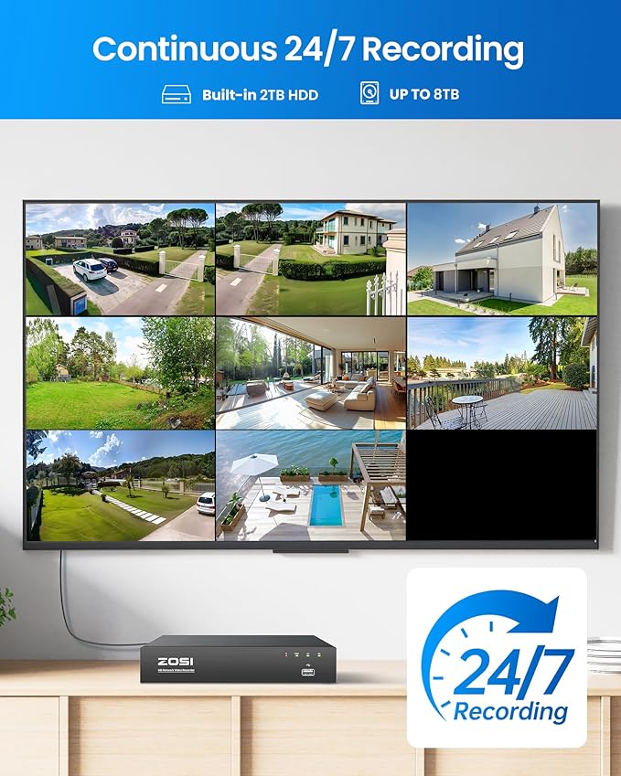 ZOSI 4K PoE Security Camera System,8 x 8MP/4K Outdoor Indoor Cameras with Person Vehicle Detection,People Counting,One-Way Audio,Night Vision,8CH 8MP CCTV NVR with 2TB HDD for Business 24/7 Recording