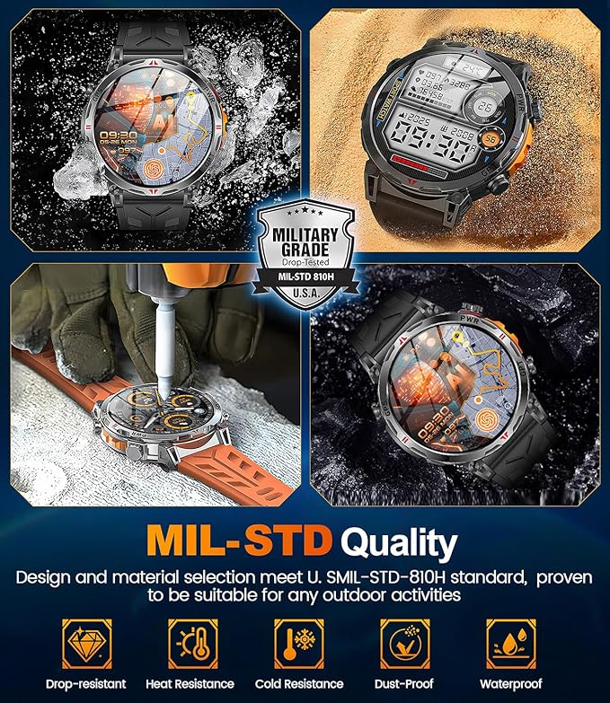 Military Smart Watches for Men GPS, 1.56" AMOLED Screen Bluetooth Call, Smartwatch for Android Phones and iPhone, 100+ Sport Modes, 3ATM Waterproof Smart Watch with Compass