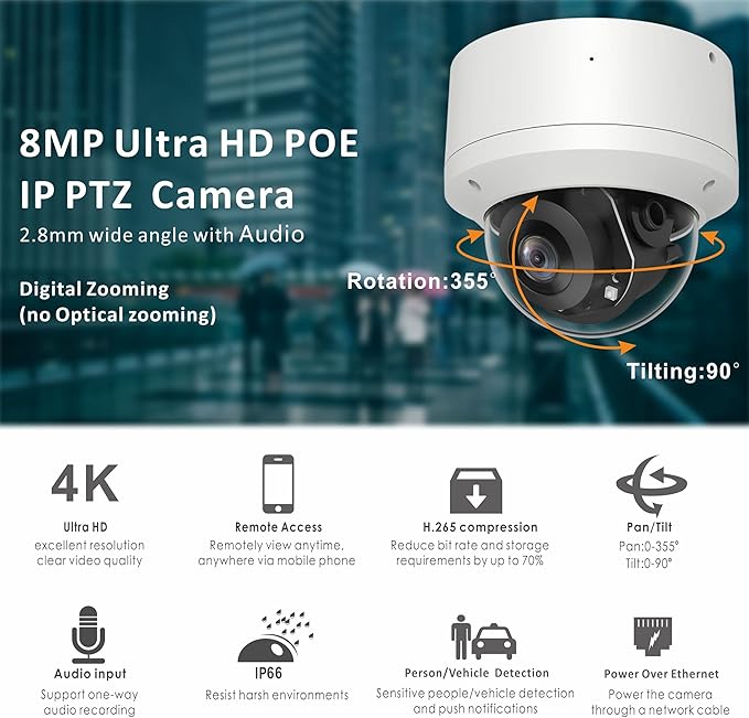 4K 2.5'' PoE PTZ IP Camera with Mic/Audio in, 8MP IP Dome Security Camera Outdoor, Waterproof IP66, 2.8mm Lens 60ft IR Night Vision, Pan 0~355° Tilt 0~90°