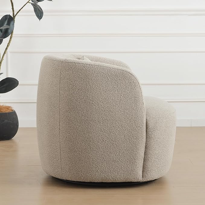 KINWELL 34" Wide Sherpa Swivel Barrel Chair, No Assembly Round Boucle Upholstered Accent Chair Armchair Single Sofa Chair with Toss Pillow for Living Room and Bedroom, Taupe