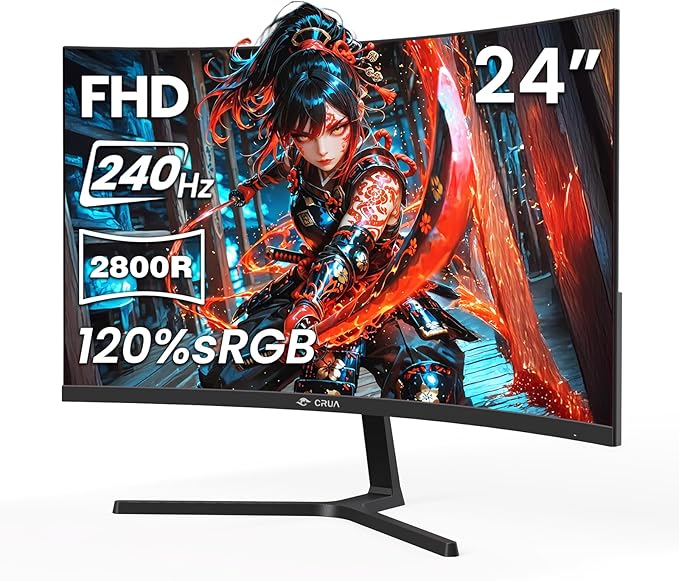 CRUA 24” 240Hz Gaming Monitor, Curved FHD 1920 x 1080P, Support 120% sRGB, AMD FreeSync, Low Motion Blur, Wall Mount Installs Compatible, for Office and Games(HDMI 2.0 & DP 1.4) – Black