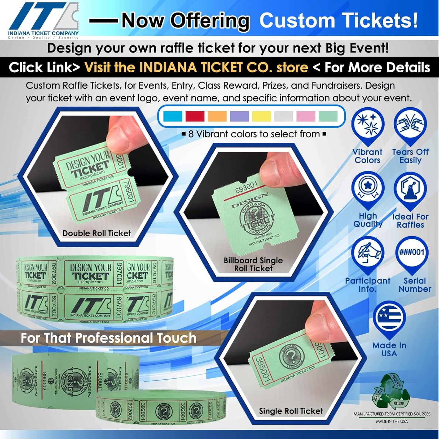 INDIANA TICKET CO. 1,000 Pink Raffle Tickets Double Roll, Premium Quality 50/50 Raffle Tickets, Tickets for Events, Carnivals, Door Prizes, Drinks and More