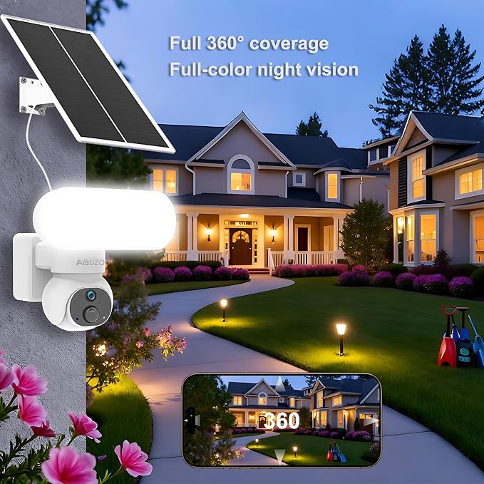 Solar Floodlight Camera with 1500LM Bright Lights-2K Wireless Outdoor Security PT Cam, Motion Activated Color Night Vision Illuminates Entire Yard & Driveway, No Monthly Fee, 64GB SD Card Included