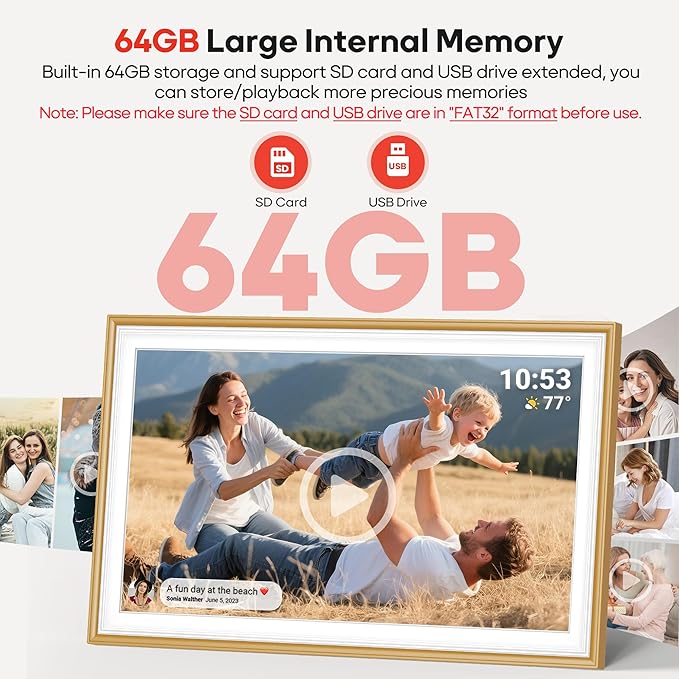 64GB Frameo 15.6" Digital Picture Frame Large 1920 x 1080 IPS FHD Touch Screen WiFi Electronic Photo Frames Share Moments Instantly Anywhere Best Gifts for Parents and Grandparents Golden White