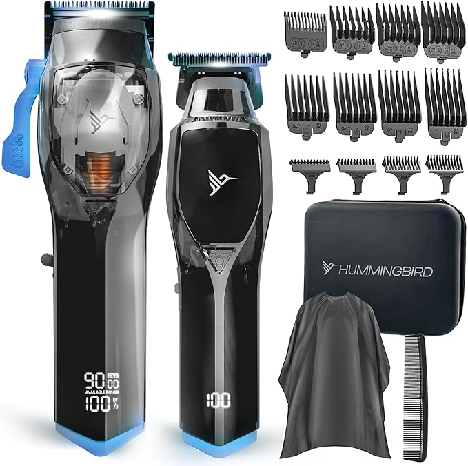 HUMMINGBIRD Pro Series Hair Clippers and Trimmer Set – 9,000 RPM Brushless Motor, DLC Blade, Zero-Gapped T-Blade Trimmer, Cordless USB-C Rechargeable, Super Torque, Carry Case, Professional Barber Kit