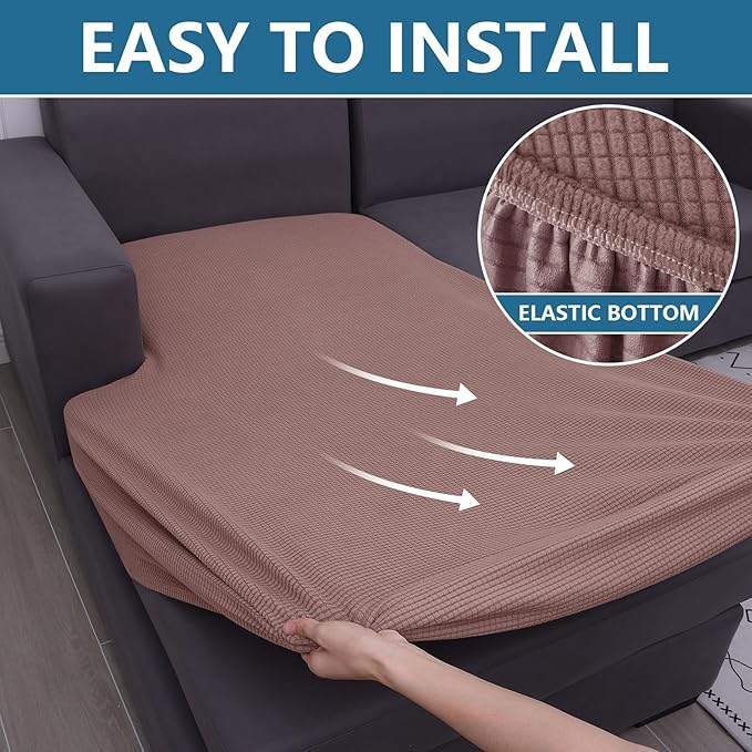 hyha Waterproof Sectional Couch Covers, Non Slip Sofa Couch Cushion Covers L Shape, Thick Stretch Jacquard Fabric, Washable Sofa Slipcovers with Elastic Bottom (1 Piece for Chaise, Camel)