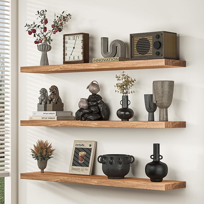 Fun Memories Solid Elm Wood Floating Shelves, 36 Inch Floating Shelves for Wall, Wall-Mounted Wooden Shelves with Invisible Heavy-Duty Brackets for Books, Bathroom, Kitchen, Natural, 2 Pack
