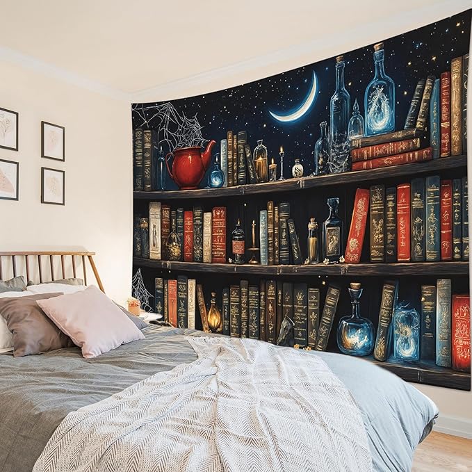 LB Fantasy Bookshelf Tapestry, Horror Spider and Vintage Book with Moon Wall Tapestry for Bedroom Aesthetic, Trippy Galaxy Wall Art for Living Room Dorm Home Decor Ready to Hanging, 92.5 x 70.9 Inches