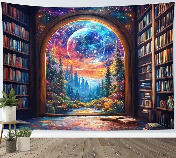 LB Fantasy Bookshelf Moon Tapestry, Trippy Tree and Vintage Library in Forest Wall Tapestry for Bedroom, Galaxy Cool Wall Art for Living Room Dorm Classroom Home Decor Ready to Hanging, 59 x 51 Inches