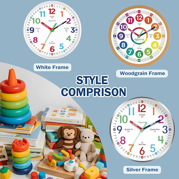 Wall Clock for Kids Learning to Tell Time Non Ticking Battery Operated Kids Teaching Clock Small Teaching Time Clock Decorative for Kids Room Classroom School (8 Inch)