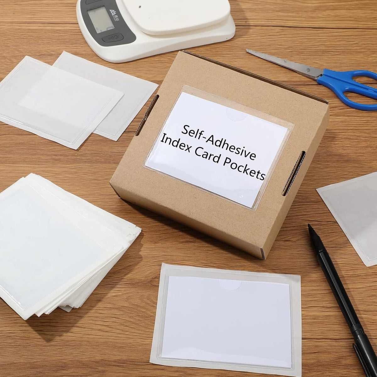 Outus 500 Pack Self Adhesive Index Card Holder Clear Plastic Label Pockets with Top Open for Loading Sticky Business Card Sleeves for Storage Bins Library Organizing Photo Protecting(3.6 x 4.8 Inch)