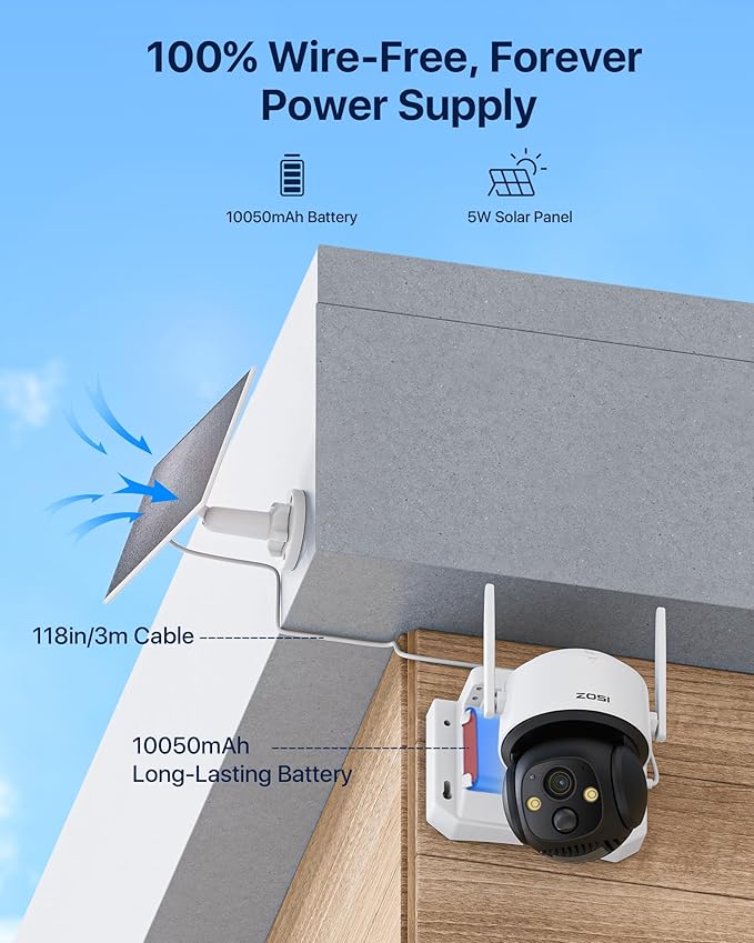 ZOSI C291 2 x 2.5K 4MP Wireless Battery Security Camera Outdoor, Solar Powered Pan/Tilt Camera, 360 View, PIR Human Detect, Color Night Vision, 2-Way Talk, Light Siren Alarm, 32GB Memory Card