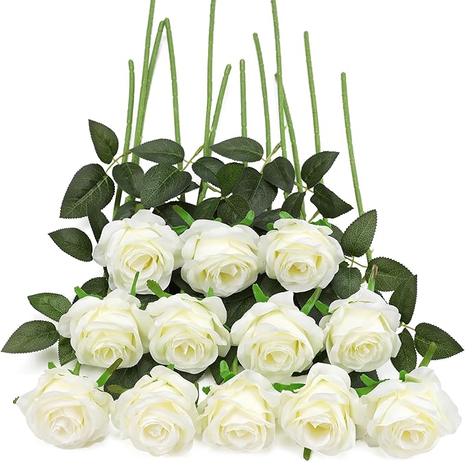 White Fake Roses Artificial Flowers - 16 Pcs Fake Artificial Roses Silk Flowers with Stems for Home Wedding Hotel Office Centerpiece Decor
