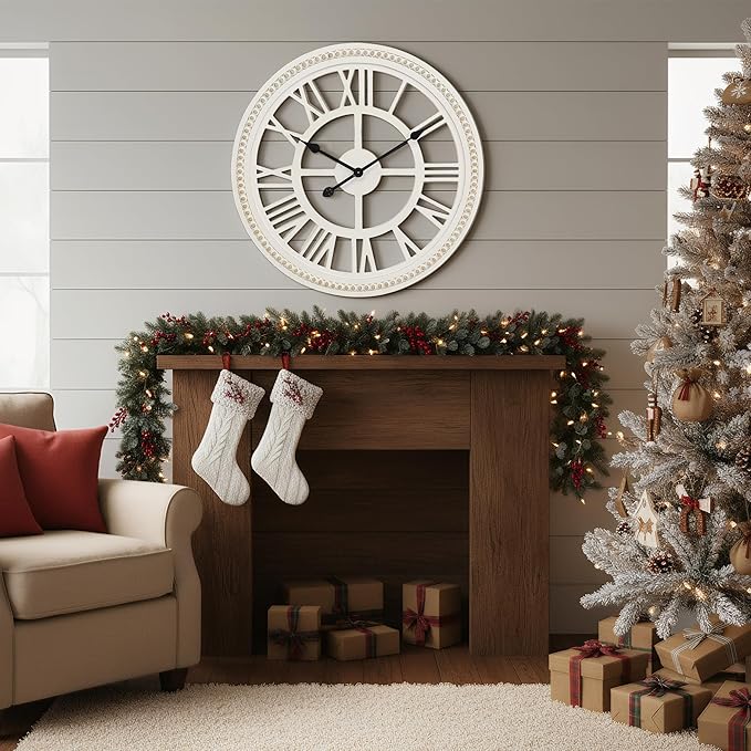RiteSune 24 Inch Large Farmhouse Wall Clock, Rustic Wall Clock Decor, Wooden, Non-Ticking, Easy to Hang for Living Room, Bedroom, Kitchen