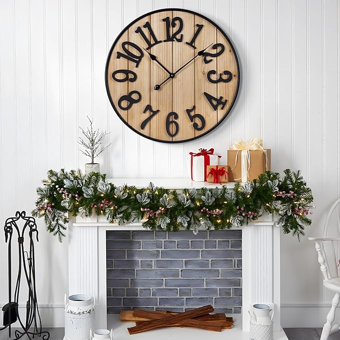 Large Wall Clock 24IN, Silent Metal Wood Style Wall Clocks Battery Operated for Living Room Decor, Farmhouse Big Wall Clock, Outdoor