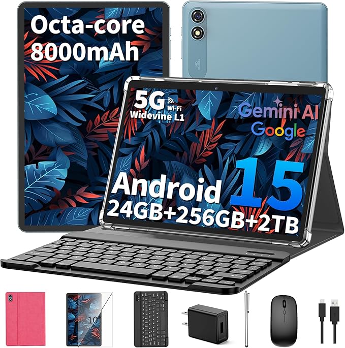 Android 15 Tablet 10 inch, 2026 Tablet with Keyboard, 24GB+256GB+2TB Expand, 2-in-1 Tablets with 8-Core, 5G WiFi, 8000mAh, BT5.0, GMS, GPS, Gemini AI, Tablets PC with Mouse, Case, Stylus (Pink)