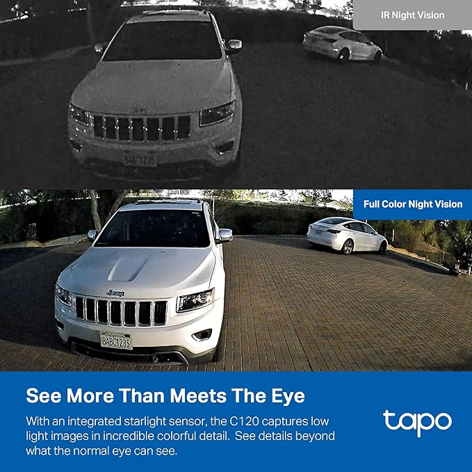 Tapo 2K QHD Security Camera Indoor/Outdoor, 2024 PCMag Editor's Choice, Color Night Vision, Free Person/Pet/Vehicle Detection, Baby Monitor, Local/Cloud Storage, IP66, Dual-Spotlight, Plug-in(C120)