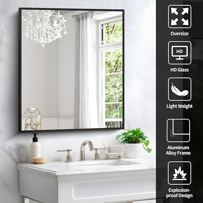 Black Bathroom Mirror for Wall, 30x36 Inch Rectangle With Metal Frame, Modern Vanity for Bathroom Living Room, Entryway Hangs Horizontal or Vertical