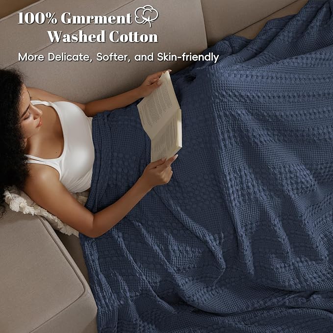 PHF 100% Cotton Waffle Weave Blanket Twin Size, Soft Lightweight Breathable Cozy Summer Blankets for Bed, Luxury Aesthetic Woven Bedding for Home Decor, 66"x90", Dark Navy