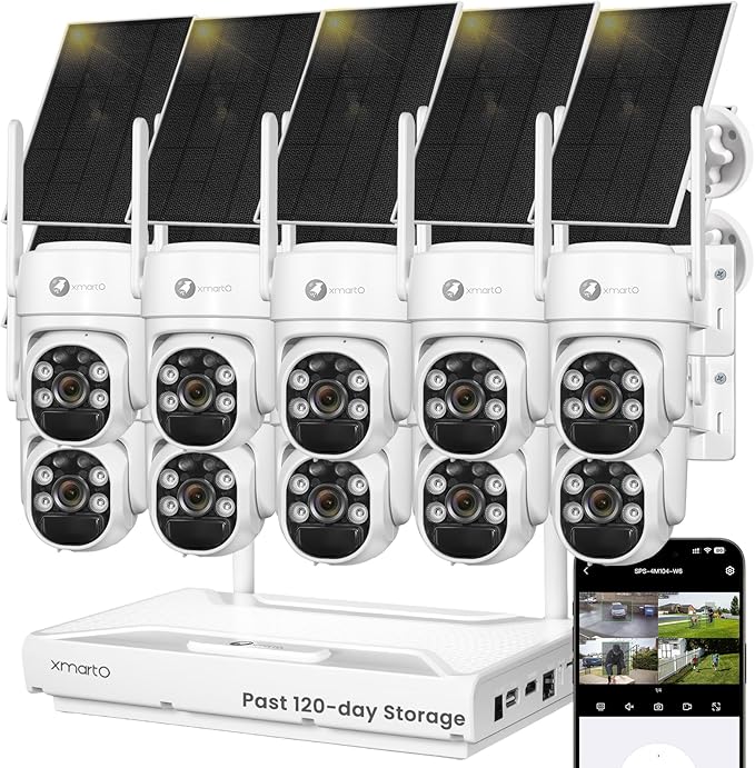 xmartO 100% Wire-Free Solar PTZ Home Security Camera System Wireless, 10-Set 2K 4MP QHD CCTV Camera Kit with 4K 10CH Expandable WiFi NVR and Past 90-Day Video Storage, All-Weather Solar Charge