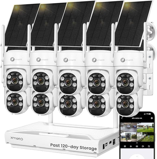 xmartO 100% Wire-Free Solar PTZ Home Security Camera System Wireless, 10-Set 2K 4MP QHD CCTV Camera Kit with 4K 10CH Expandable WiFi NVR and Past 90-Day Video Storage, All-Weather Solar Charge