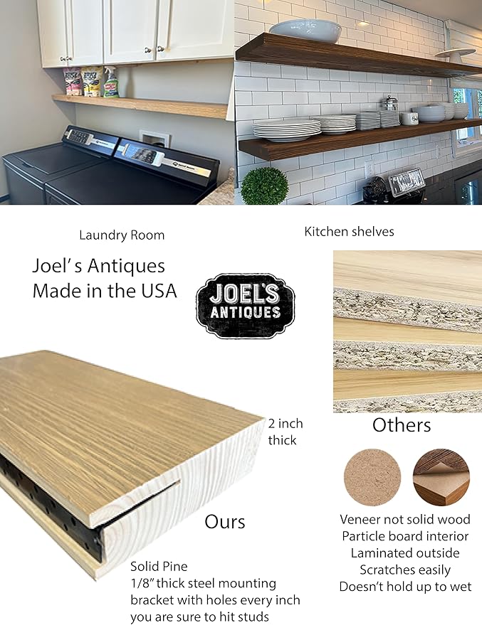 joelsantiques 60 Inch Wooden Floating Shelves for Wall - 60x8x2 in - Made of Natural Wood - Long Wall Shelves for Bedroom - Perfect for Living Room, Kitchen - Made in USA - Beige