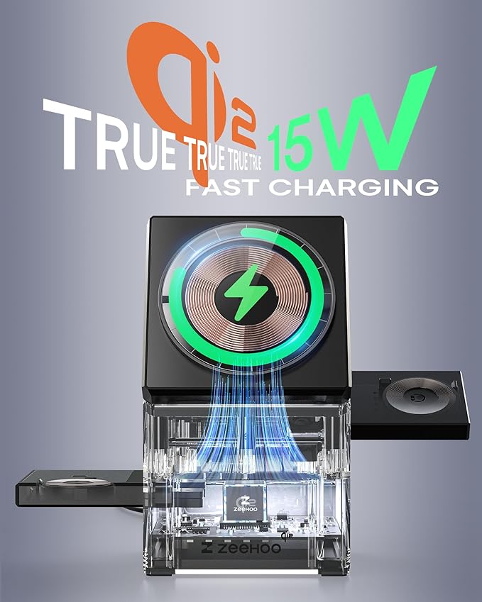 ZEEHOO 3 in 1 Charging Station, iPhone Charging Station for Apple MagSafe Charger, Qi2 Certified, 15W Fast Wireless Charger, for Apple Watch, for iPhone 17,16 15,14,13,12 Series, AirPods (Black)