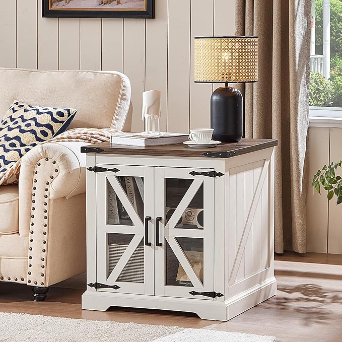 24" End Table with Charging Station, Farmhouse Night Stand with Glass Barn Door, White Nightstands with Adjustable Storage Shelf, Large Wood Square Bed Side Table for Living Room,Bedroom