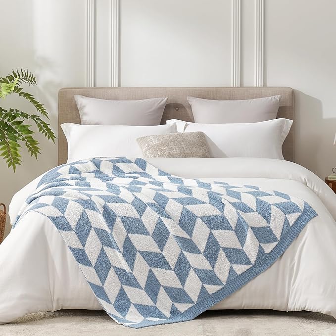 Snuggle Sac Chevron Throw Blanket for Couch, Reversible Super Soft Warm Blankets Cozy Knit Fuzzy Plush Lightweight Throws for Sofa, Bed, Camping, Blue, 50x60 inches