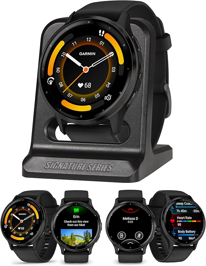 Garmin Venu 3 Running GPS Smartwatch with AMOLED Display, Advanced Health, Fitness Features, Up to 14 Day Battery Life with Signature Series Modern Power Stand | Slate with Black Silicone Band