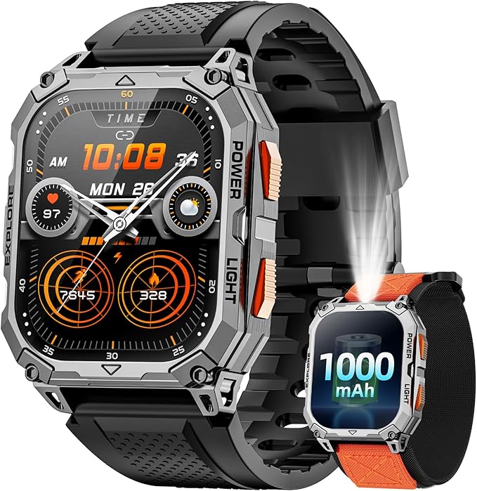 Military Smart Watches for Men, 2.01" HD Smartwatch with 1000 mAh Battery/2 Straps/Answer/Make Call/Led Flashlight/Heart Rate/Sleep Monitor, 100+ Sport Modes Fitness Tracker for Android/iPhone