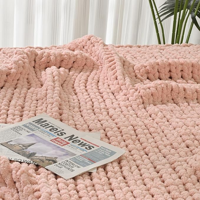 Esterra Chunky Knit Blanket Throw 40"x50", 100% Hand Knitted Chenille Throw Blanket, Cozy Soft Thick Cable Knit Throw Large Rope Knot Crochet Throw Blanket for Sofa Couch Bed, Dusty Pink