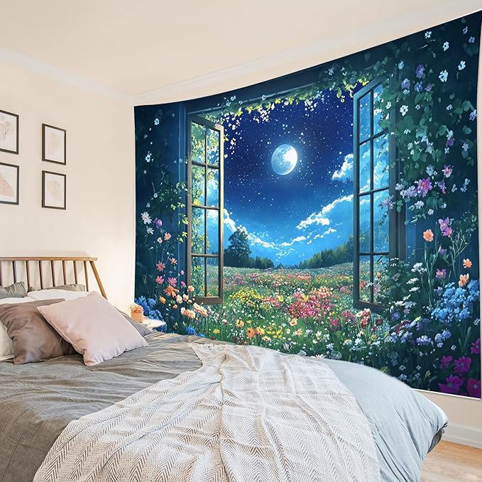 LB Wildflower Moon Tapestry, Window Forest Plant Green Leaf and Garden Colorful Floral Wall Tapestry for Bedroom, Night Sky Wall Art for Living Room Dorm Home Decor Ready to Hanging, 48 x 36 Inches
