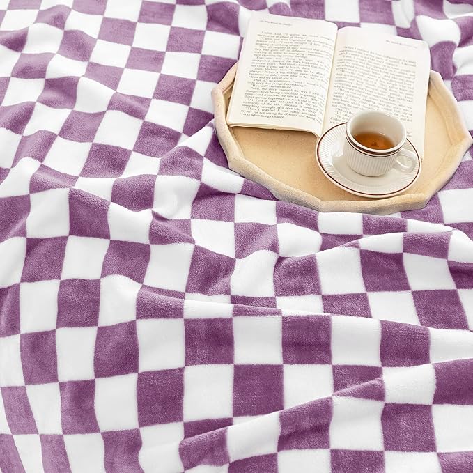LOMAO Throw Blankets Flannel Blanket with Checkerboard Grid Pattern Soft Throw Blanket for Couch, Bed, Sofa Luxurious Warm and Cozy for All Seasons (Purple, 50"x60")